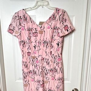 NWT Barrie Pace Silk Pink Patterned Belted Dress, Cap Sleeve, Size 8